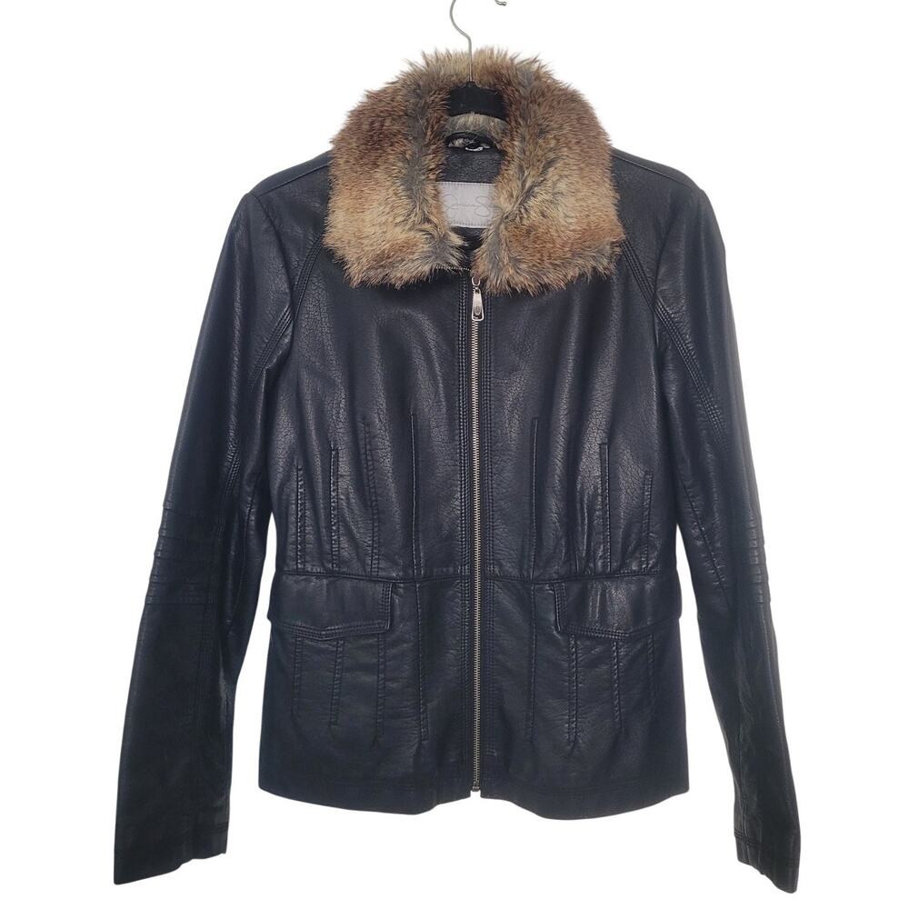 Y2k Jessica Simpson Faux Leather Fur Trim Jacket Sz L Indie Sleaze Biker Rocker